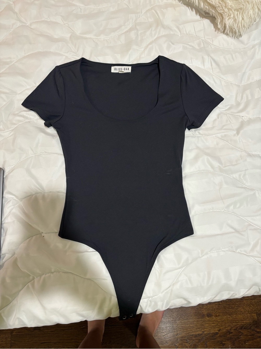Olive & Oak Navy Scoop Neck Bodysuit with Yellow Accent Nails